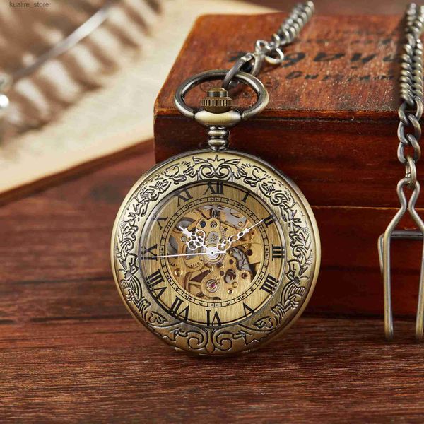 Pocket Watches Antique Brozne transparente esqueleto mecánico automático auto viento bolsillo vintage fob es religio de bolso l240402