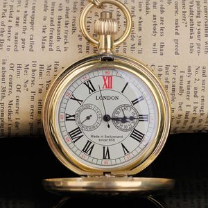 Pocket Watches Antique Copper London 1856's 5 Hands Mechanische FOB Hand Wikkel Golden Mens Watch 30cm ketting