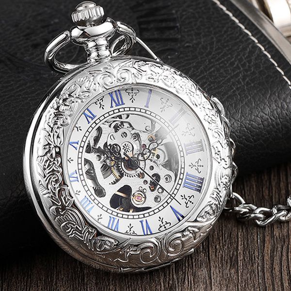 Relojes de bolsillo Antiguo Reloj de bolsillo de acero inoxidable de plata completa Mecánico Hombres Steampunk Vintage Mano-viento Grabado Fob Reloj colgante Mujeres 230719