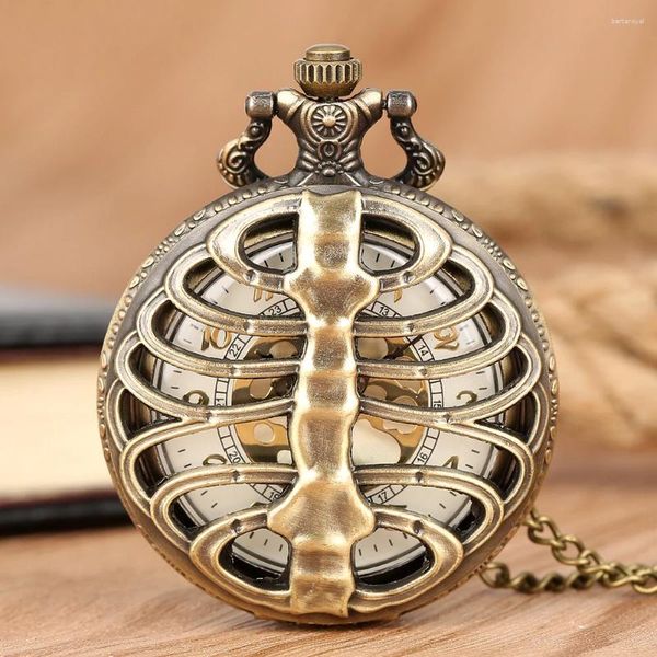 Relojes de bolsillo Diseño de cráneo fantasma antiguo Bronce Vintage Quartz Aloy Skeleton Steampunk Fob Analógico Reloj con obsequio de collar de cadena