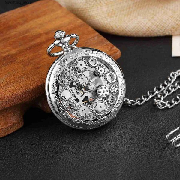 Relojes de bolsillo Engranajes huecos antiguos Bolsillo mecánico de plata es Hombres Vintage Steampunk Fob Reloj Collar masculino con cadena 2023 L240322