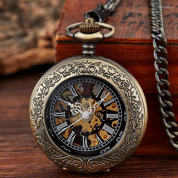 Relojes de bolsillo antiguos mecánicos cuerda a mano Número romano colección de bronce reloj hombres reloj con cadena Fob caja de regalo