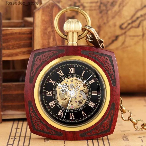 Relojes de bolsillo Antiguo rojo de madera/bambú tallado bolsillo mecánico de cuerda automática con cadena de oro cubierta abierta reloj retro para hombres regalos de Navidad L240322