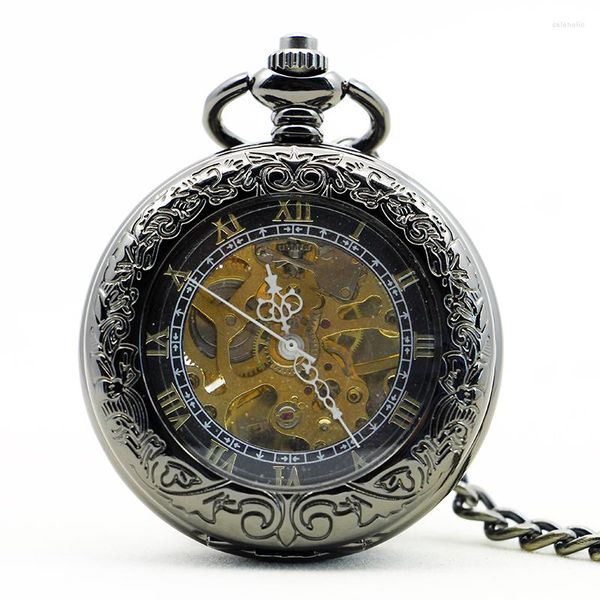 Relojes de bolsillo con patrón redondo antiguo para hombre, reloj mecánico con grabado de números romanos, cuerda Manual Retro Steampunk, cadena Fob
