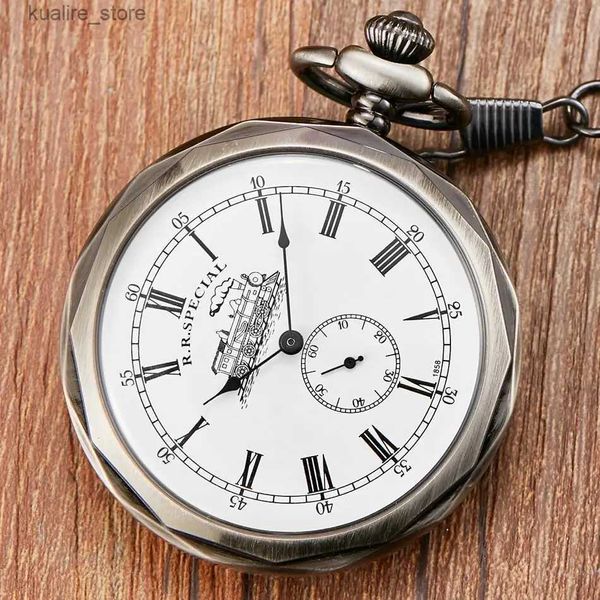 Pocket Watches Antique Silver London Pocket Fob es Hand Wind Skeleton Men Mujeres Pocket Mechanical con collar de cadena colgante L240402