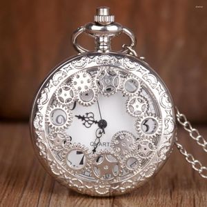 Pocket Watches Antique Silver Quartz Watch Vintage Gear Hollow Necklace Pendant Unisex Clock met Fob Chain Women Men Gifts CF1091