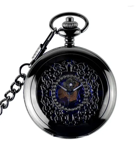 Montres de poche pour hommes, squelette Antique, chiffres romains bleus, cadran noir, boîtier mécanique, vent à main, longue chaîne Fob, horloge