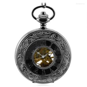 Montres de poche Antique Steampunk Mécanique Main Vent Flip Double Affichage Fob Noir Montre Homme Femme Pendentif Cadeau