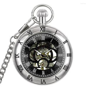 Montres de poche style antique double numéro romain cadran ton argent boîtier montre mécanique à vent pour hommes avec chaîne FOB joli cadeau de Noël