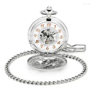 Pocket horloges antieke stijl zilveren toon Arabisch nummer wijzerplaat mechanische heren steampunk vintage handwind gegraveerde skelethoes