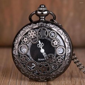 Relógios de bolso antigo vintage oco preto engrenagem relógio de quartzo colar pingente relógio corrente masculino feminino