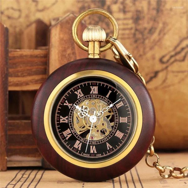 Montres de poche Antique boîtier en bois montre mécanique à remontage manuel pour hommes femmes squelette horloge pendentif chaîne numéro romain cadran heure cadeau