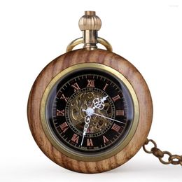 Montres de poche Antique en bois squelette mécanique à remontage manuel rétro hommes femmes horloge avec pendentif chaîne Fob