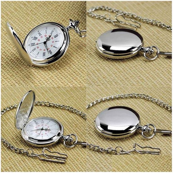 Montres de poche Arrivée Sier Lisse Quartz Montre Fob Chaîne Cadeau Hommes Femmes Mode Steampunk Chiffres Romains Reloj De Bolsillo Drop Deli Ota4E