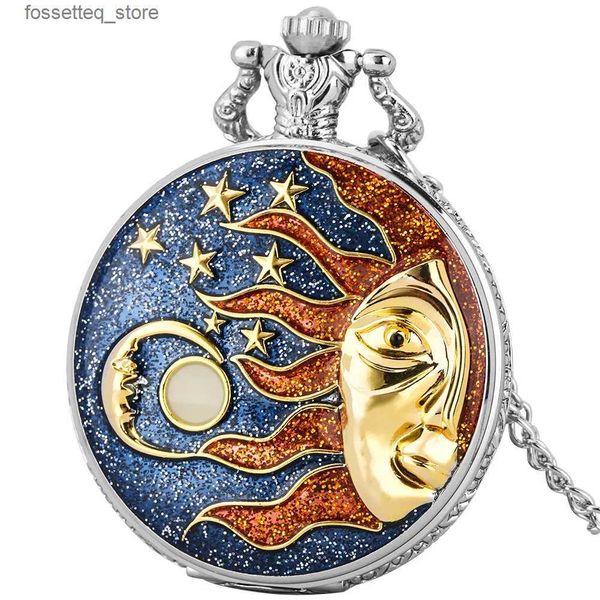 Montres de poche Art demi visage soleil lune étoiles bleu étoilé affichage Quartz collier poche Vintage élégant pendentif chaîne horloge hommes femmes L240322