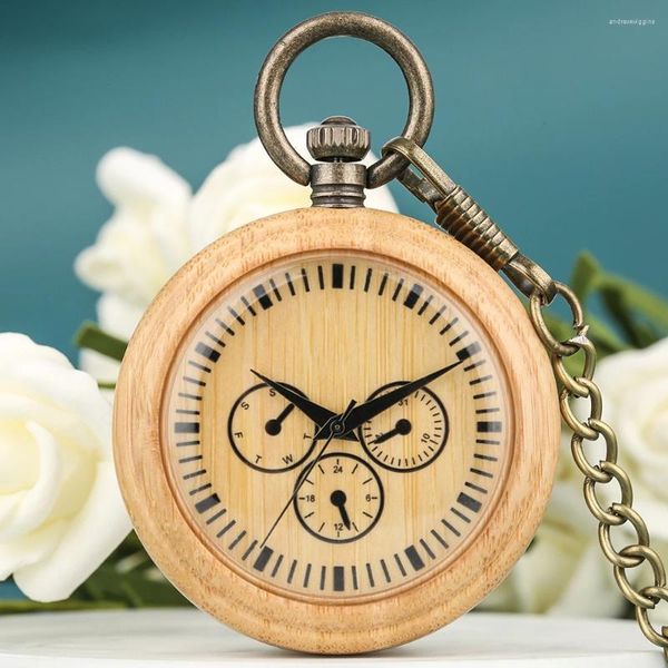 Montres de poche à Quartz en bois de bambou, faux cadran à trois yeux, pendentif en bois, horloges rétro, cadeaux, chaîne épaisse neutre