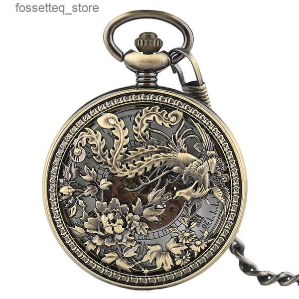 Montres de poche Belle Phoenix Mechnical Pocket Charm Lucky Pendentif Fleur Sculpture Auto es Hommes Femmes Unisexe Vintage Cadeaux Spéciaux L240322