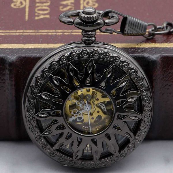 Relojes de bolsillo Las mejores ventas Moda Cool Black Hollow Flower Sun Design Skeleton Mechanical Pocket con cadena Fob para hombres y mujeres PJX1330