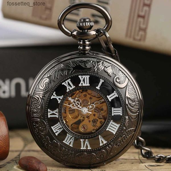 Montres de poche Noir Antique Auto Mécanique Squelette Poche Voir Bien Visage Rétro Steampunk Mode Pendentif avec Fob Chaîne Mâle Horloge L240322