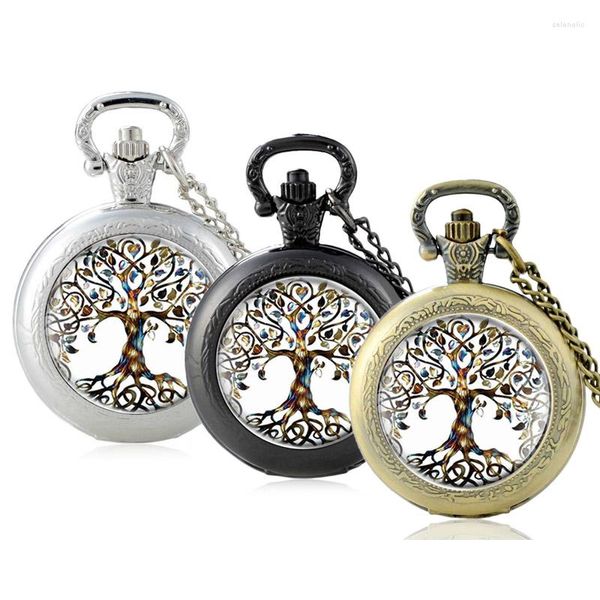 Relojes de bolsillo Negro Moda clásica El árbol de la vida Diseño Cabujón de cristal Reloj de cuarzo Vintage Hombres Mujeres Colgante Collar Cadena
