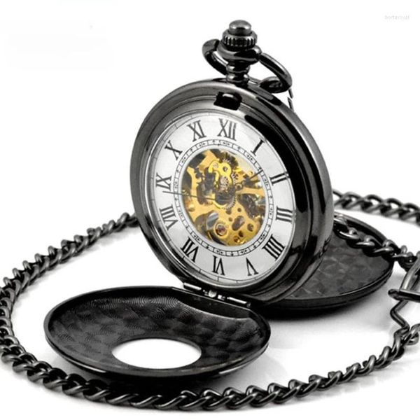 Montres de poche noir Double boîtier ouvert sculpté creux Steampunk hommes main vent mouvement mécanique montre avec chaîne Fob joli cadeau de Noël