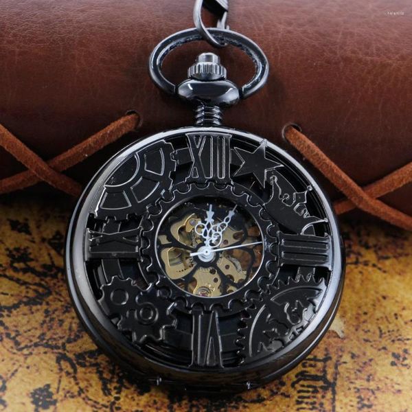 Montres de poche Black Gear Star Hollow Sculpture Mécanique Montre Pendentif Commémoratif Horloge Cadeau Avec Fob Chaîne Antique Minuterie