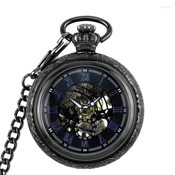 Montres de poche montre mécanique noire avec chaîne remontage manuel sans batterie horloge hommes chiffres romains bleus gravés