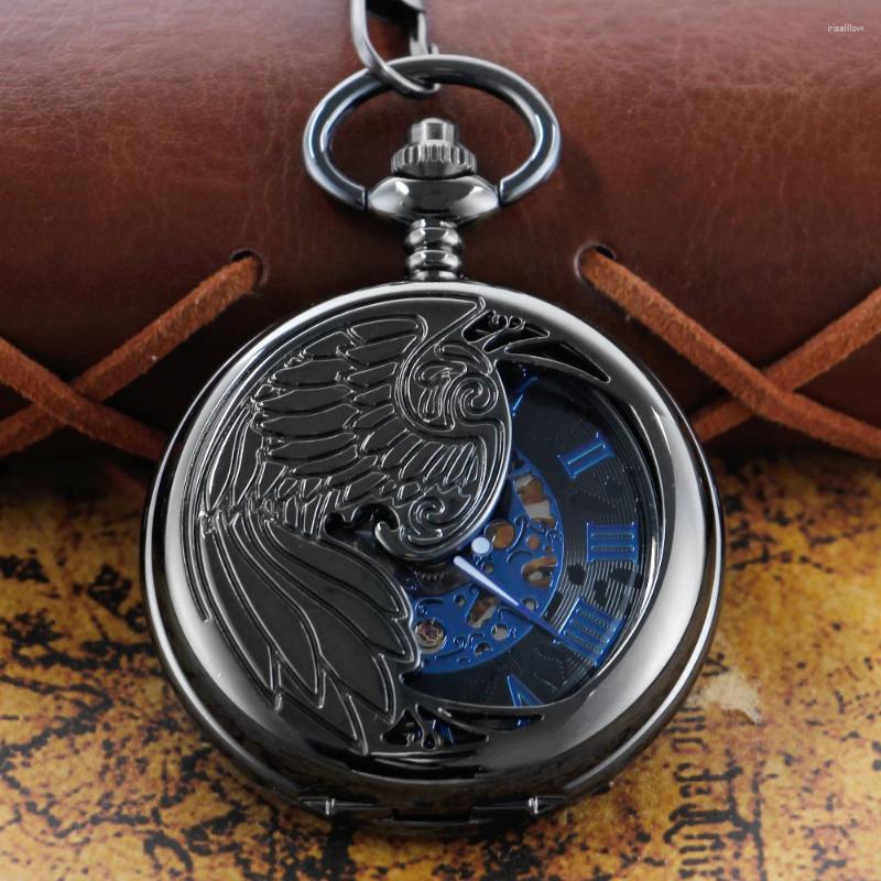 Zegarki kieszonkowe czarne Phoenix Graphic Relief Roman Digital Mechanical Watch Naszyjnik Wisian