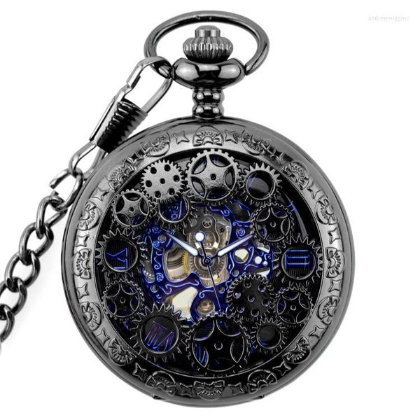 Relojes de bolsillo Reloj mecánico de acero negro Steampunk Vintage Gear Analógico Esqueleto Cuerda manual