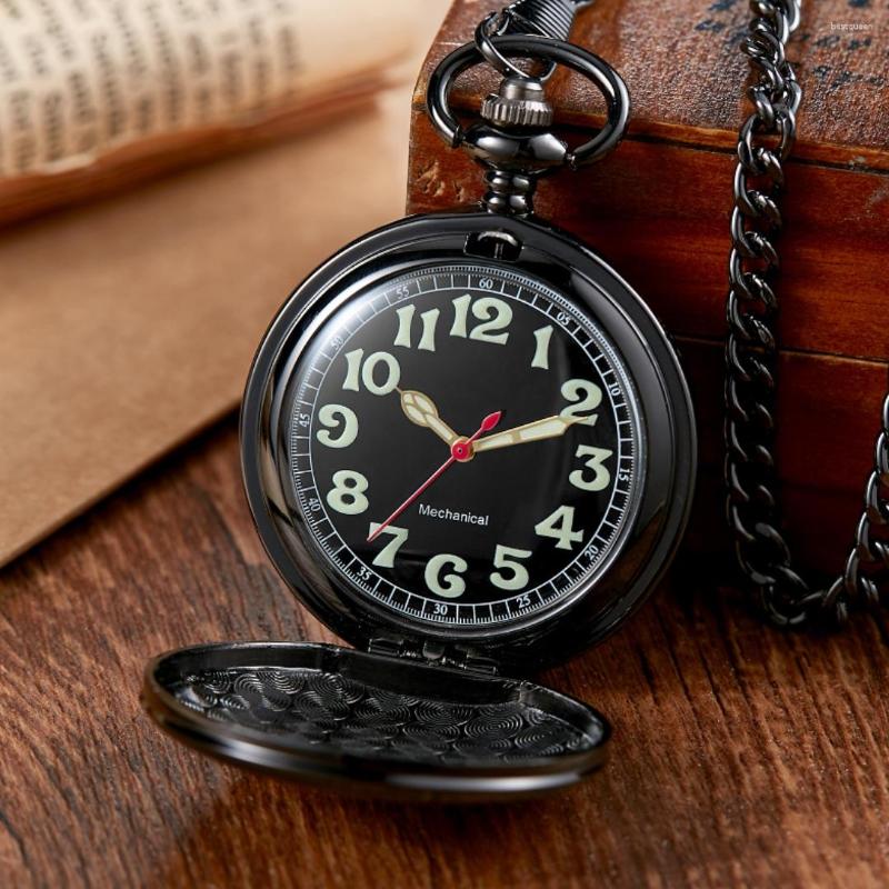 Pocket Watches Black Watch Necklace Vintage Smooth Steampunk Retro Mechanical Pendant Chain Clock Women Men Gift