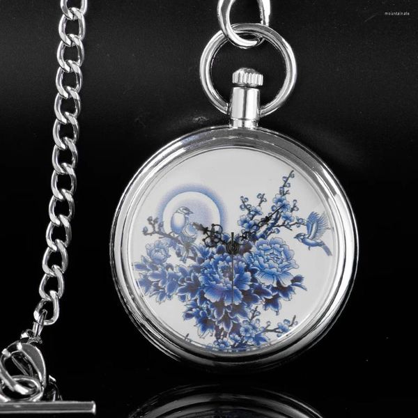 Montres de poche en porcelaine bleue et blanche, montre de mode mécanique pour hommes, sac à main Steam Punk, collier Fob chaîne, horloge numérique romaine