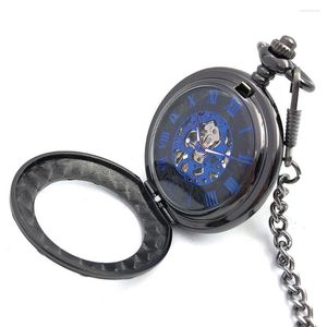Montres de poche cadran bleu voir si noir boîtier horloge squelette montre mécanique hommes Vintage main vent horloge poche avec chaîne