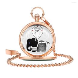 Pocket horloges bolyte rose gouden kleur olifant dieren wijzerplaat hand crank play Music Quartz Watch Movement Fob Steampunk Chain