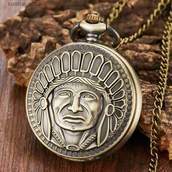 Relojes de bolsillo Bronce Ancient Indian Tribal Leader Talling Quartz Pocket Full Hunter Fob es con collar de cadena colgante mejor regalo L240402