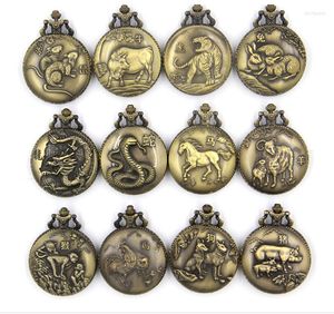Pocket horloges Bronze Animal Watch unisex Chinese dierenriemstijl antieke kettingketting kwarts