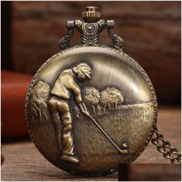 Montres de poche Bronze Antique 3D Golf Man Poket Montre Hommes Garçon Quartz Analogique Affichage Horloge Avec Long Collier Chaîne Montres Reloj De Bo Dhdgn