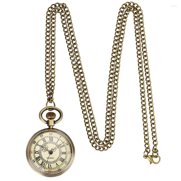 Montres de poche en bronze cadeaux antiques simple face ouverte jaune Design chiffres romains cadran collier montre analogique à quartz horloge de mode rétro