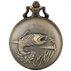 Montres de poche Bronze grand thème de la pêche montre à Quartz avec pendentif en queue de poisson collier Fob chaîne horloge hommes femmes cadeaux Reloj