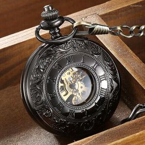 Montres de poche Bronze Black Steel Mécanique Steampunk Numbers Roman Callier Collier de vide à la main Gift Unisexe Gift Unisexe