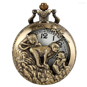 Montres de poche Bronze demi zodiaque chinois singe montre rétro pendentif collier Fob chaîne horloge unisexe cadeaux