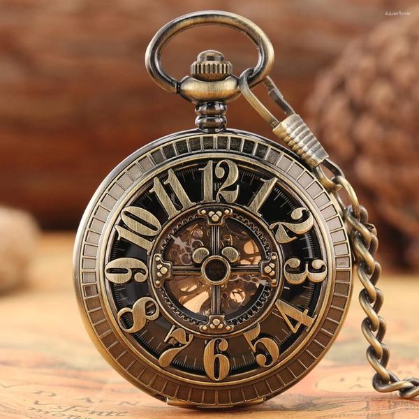 Montres de poche Bronze creux chiffres arabes boîtier de montre hommes rétro mécanique remontage manuel Antique cadeau pendentif horloge avec chaîne