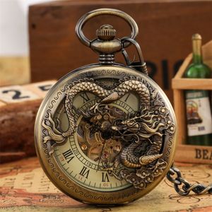 Montres De Poche Bronze Creux Dragon Affichage Demi Chasseur Montre Mécanique Cool Antique Pendentif Manuel Mécanisme Horloge Cadeau Mâle 230426