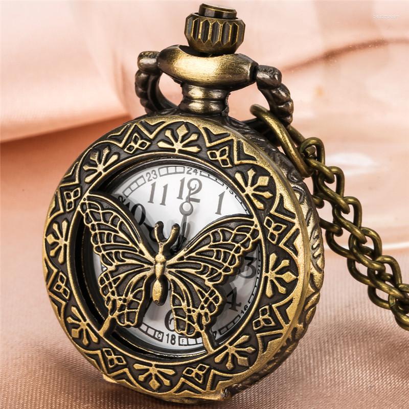 Pocket Watches Bronze Hollow Out Butterfly Half Cover Men Women Quartz Analog Watch Necklace Chain Arabic Number Clock Timepiece
