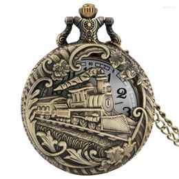 Pocket Watches Bronze Hollow Out Locomotive Steam Train Clock Men Women Antique Quartz Watch Sweater ketting Ketting Geschenktijdwerk