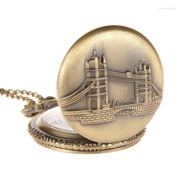 Montres de poche en Bronze rétro Vintage London Bridge, Montre à Quartz en relief, pendentif analogique, collier, cadeaux pour hommes et femmes