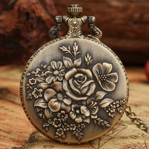 Montres de poche Bronze Rose Flower Petal Pendant Retro Elegant Bloom Fleurs Femmes Quartz Pocket Es Ladies FOB Collier Chaîne de bijoux Y240410