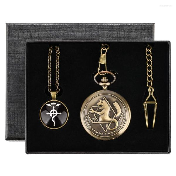 Montres de poche Bronze/Argent/Noir Fullmetal Alchemist Série Montres Ensembles Hommes Femmes Horloge À Quartz Vintage Pendentif Collier Cadeaux