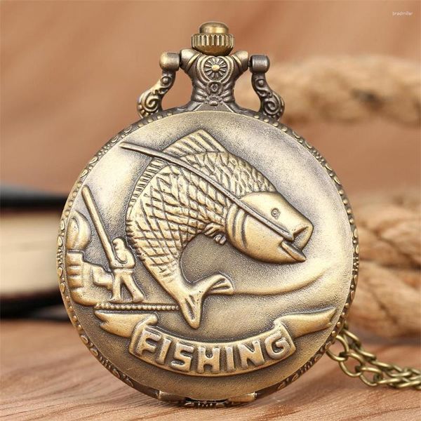 Montres de poche Bronze/argent motif de pêche conception Quartz collier montre hommes femmes chiffres arabes affichage Fob pendentif horloge Vintage