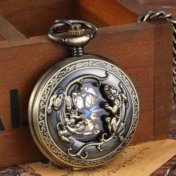 Relojes de bolsillo de acero de bronce Retro Steampunk esqueleto reloj mecánico dos lagarto mano cuerda hombres grabado caja FOB cadena reloj