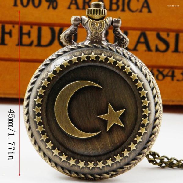 Montres de poche Bronze Turkey Flag Design Moon Star Circle Quartz Quartz Antique Watch for Men Women JFC047